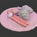 Fresh Assorted Vegetables Displayed with Carrots Onions Garlic and Artichokes on a Woven Round Mat