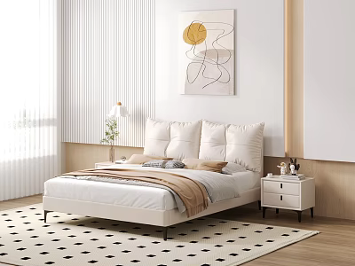 Modern Bedroom Interior With Beige Bed Abstract Painting Vertical Blinds Nightstand And Geometric Rug 3d model
