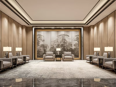 Modern Hotel Public Lounge Area With Comfortable Sofas Armchairs And Coffee Tables 3d model