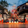 New Year Fireworks Themed Art Installation With Red Lanterns And Traditional Architecture