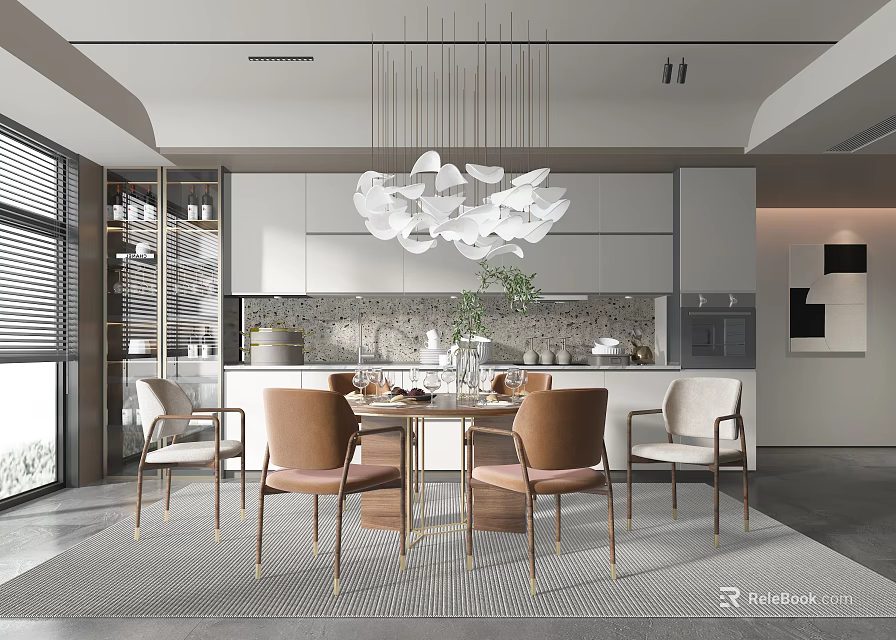 Modern Restaurant Interior Featuring White Petal Chandelier Dining Table Brown White Chairs And Cabinets 3d model 