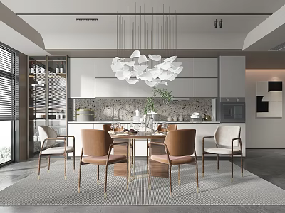 Modern Restaurant Interior Featuring White Petal Chandelier Dining Table Brown White Chairs And Cabinets 3d model