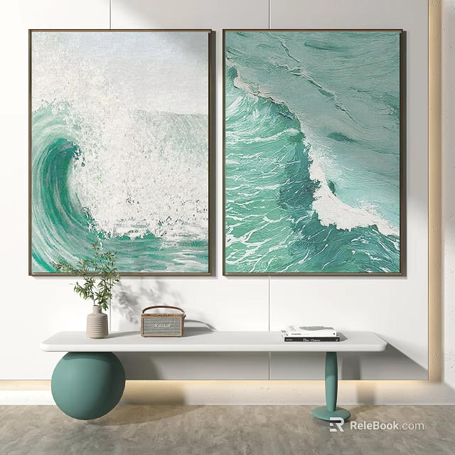 Green Wave Paintings On Wall With White Console Table And Decor 3d model 