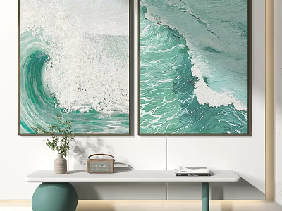 Green Wave Paintings On Wall With White Console Table And Decor 3d model