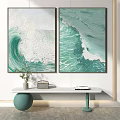 Green Wave Paintings On Wall With White Console Table And Decor