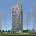Modern High Rise Residential Building With Glass Curtain Walls And Urban Greenery Design