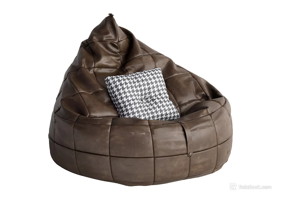 Brown Leather Bean Bag Chair With Stitched Design And Black And White Houndstooth Pillow 3d model 