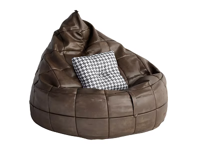 Brown Leather Bean Bag Chair With Stitched Design And Black And White Houndstooth Pillow 3d model