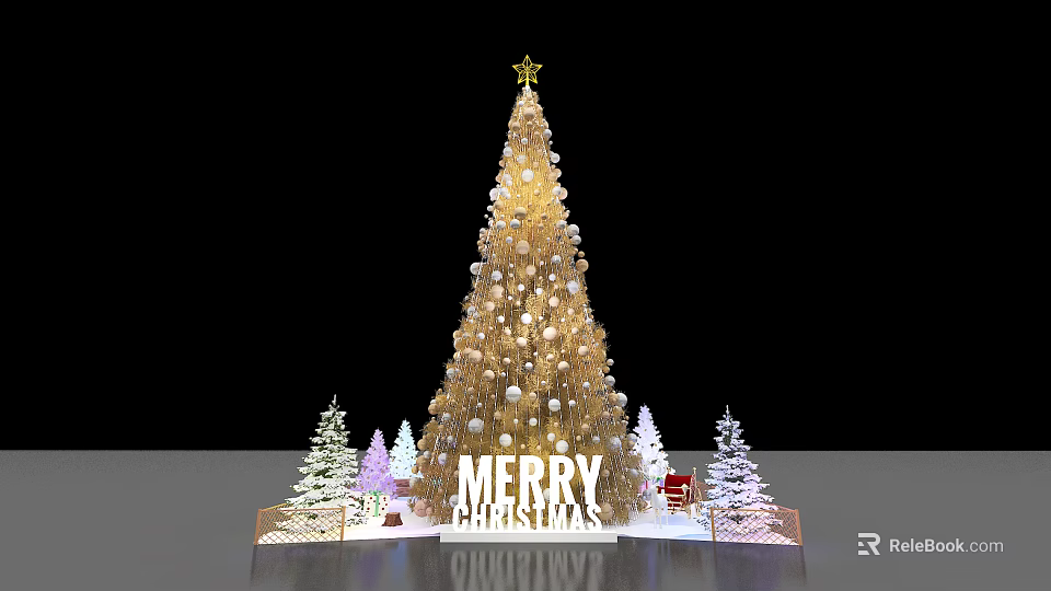 Golden Decorated Christmas Tree With Gifts Small Trees And Merry Christmas Sign 3d model 
