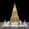 Golden Decorated Christmas Tree With Gifts Small Trees And Merry Christmas Sign