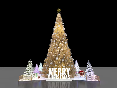 Golden Decorated Christmas Tree With Gifts Small Trees And Merry Christmas Sign 3d model