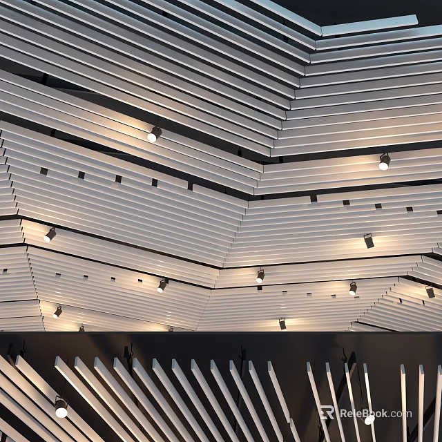 Modern Striped Aluminum Interior Ceiling Design With Recessed Lights And Structural Pattern 3d model
