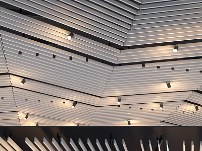 Modern Striped Aluminum Interior Ceiling Design With Recessed Lights And Structural Pattern 3d model