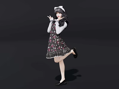 Woman Wearing Floral Dress With White Hat Lifting One Leg Gesturing Hand On Black Background 3d model