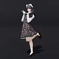 Woman Wearing Floral Dress With White Hat Lifting One Leg Gesturing Hand On Black Background