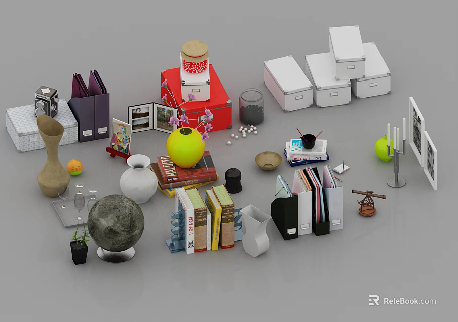Decorative Ornament Set with Vase Books Photo Frames Storage Boxes Jar Candles Globe and Fruit 3d model 