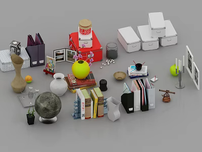 Decorative Ornament Set with Vase Books Photo Frames Storage Boxes Jar Candles Globe and Fruit 3d model