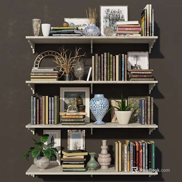 Stylish Bookshelf With Stacked Books Photo Frames Decorative Vases And Green Plants 3d model 
