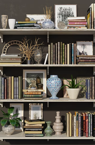 Stylish Bookshelf With Stacked Books Photo Frames Decorative Vases And Green Plants 3d model