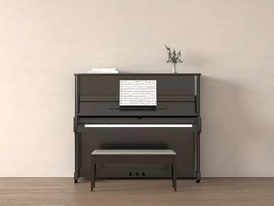 Black Piano With Music Sheet Small Plant And Bench Against Light Wall Wooden Floor 3d model