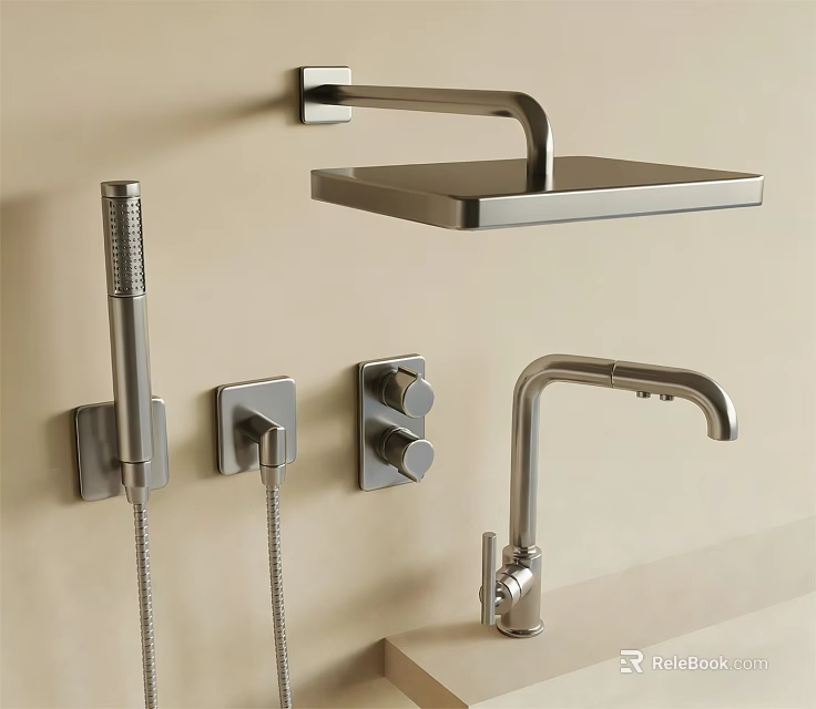 Modern Chrome Square Shower Head with Handheld Shower and Control Knobs 3d model 