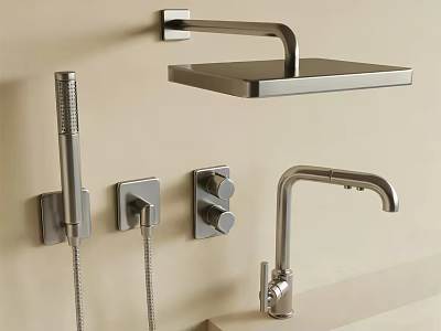 Modern Chrome Square Shower Head with Handheld Shower and Control Knobs 3d model