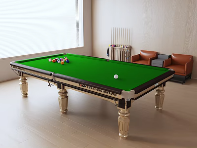 Green Felt Billiard Table With Balls Cue Rack And Leather Sofas In Living Room Setting 3d model