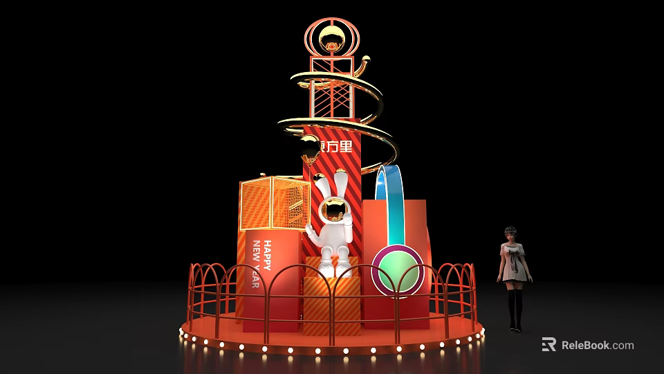 Alibaba Themed Red Spiral Display Installation With Rabbit Figure Orange Decorations And Lights 3d model 