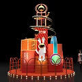 Alibaba Themed Red Spiral Display Installation With Rabbit Figure Orange Decorations And Lights