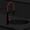 Modern Red Faucet With Black Base Water Dripping Over Kitchen Sink Countertop