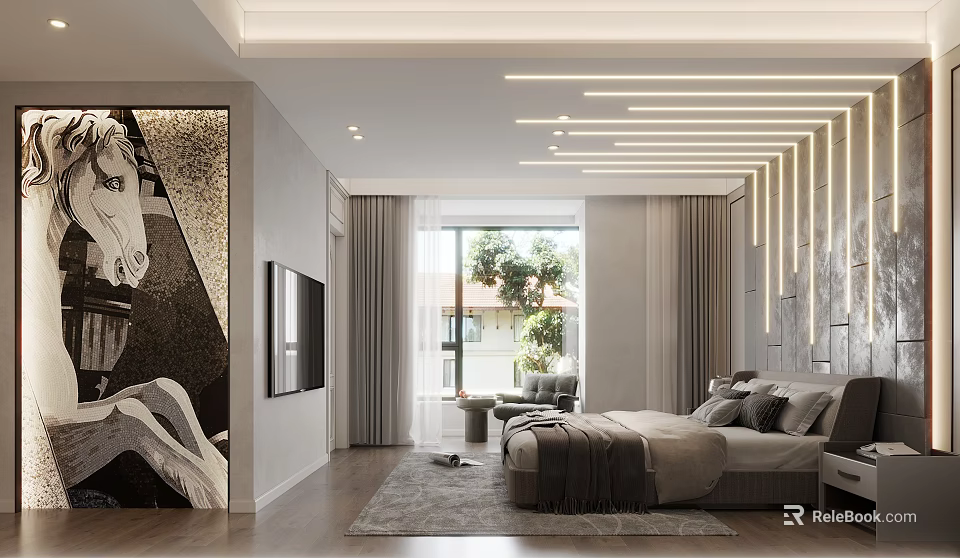 Modern Bedroom Interior With Large Bed Area Rug Window Curtains And Artwork 3d model 
