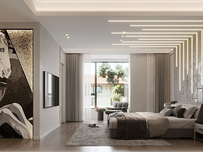 Modern Bedroom Interior With Large Bed Area Rug Window Curtains And Artwork 3d model
