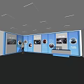 Modern Blue Exhibition Hall With Car Parts Wall Displays And Reception Desk
