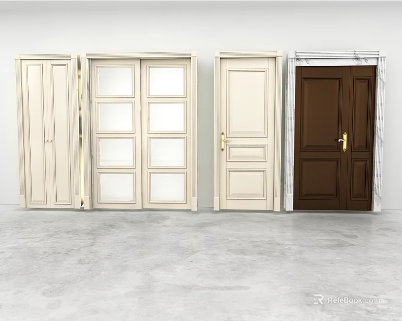 Hinged Doors with Various Designs Glass Panels and Beige Brown Color Options 3d model 