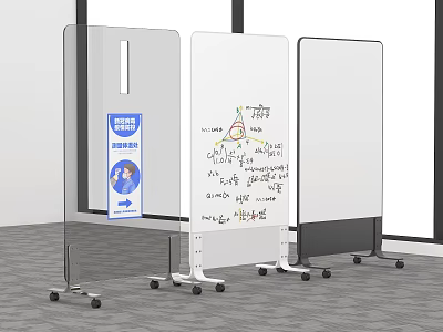Clear Mobile Screens with Wheels for Displaying Musical Instruments and Art Supplies 3d model