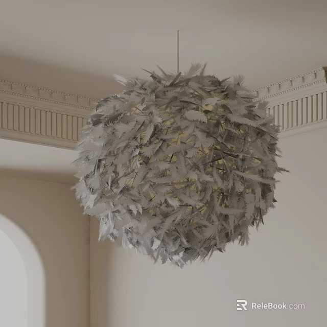 Gray Feather Spherical Chandelier Hanging From White Ceiling With Decorative Cornice 3d model 