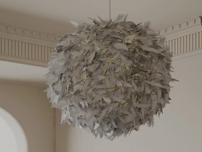 Gray Feather Spherical Chandelier Hanging From White Ceiling With Decorative Cornice 3d model