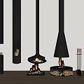 Various Modern Fireplace Designs in Interior with Burning Fire and Tools Set 3d model