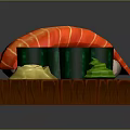 Fresh Red And Green Sushi Rolls With Decorative Garnish On Wooden Tray