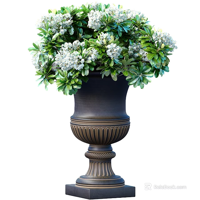 Elegant Classic Dark Vase With Carved Design And Lush Green Leaves White Flowers 3d model 