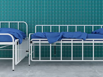 Medical Beds With White Metal Frame And Blue Sheets In Green Tiled Wall Setting 3d model