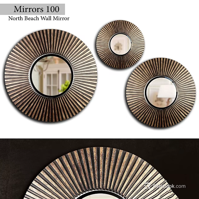 Set of Three Modern Round Wall Mirrors With Sunburst Frame Design 3d model 