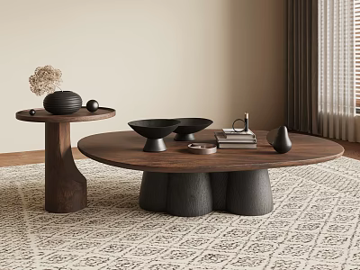 Modern Wooden Coffee Table With Side Table Decorative Bowls Vase And Books On Patterned Rug 3d model