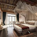 Hotel Guest Room With Bamboo Ceiling Canopy Bed Dark Curtains And Ethnic Rug