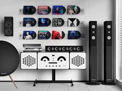 HiFi Audio Setup With Vinyl Records Wall Display And Tower Speakers System 3d model