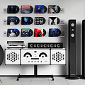 HiFi Audio Setup With Vinyl Records Wall Display And Tower Speakers System