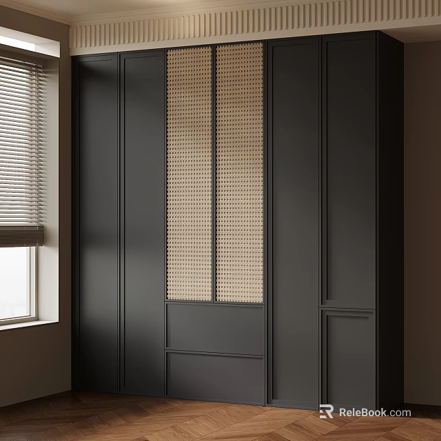 Modern Dark Bookcase with Woven Panel Design near Window and Blinds 3d model 