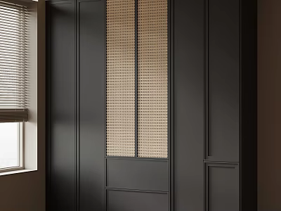 Modern Dark Bookcase with Woven Panel Design near Window and Blinds 3d model