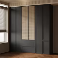 Modern Dark Bookcase with Woven Panel Design near Window and Blinds