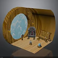 Cozy Rustic Wooden Interior Featuring Blue Circular Window Stone Fireplace Wooden Table And Chair